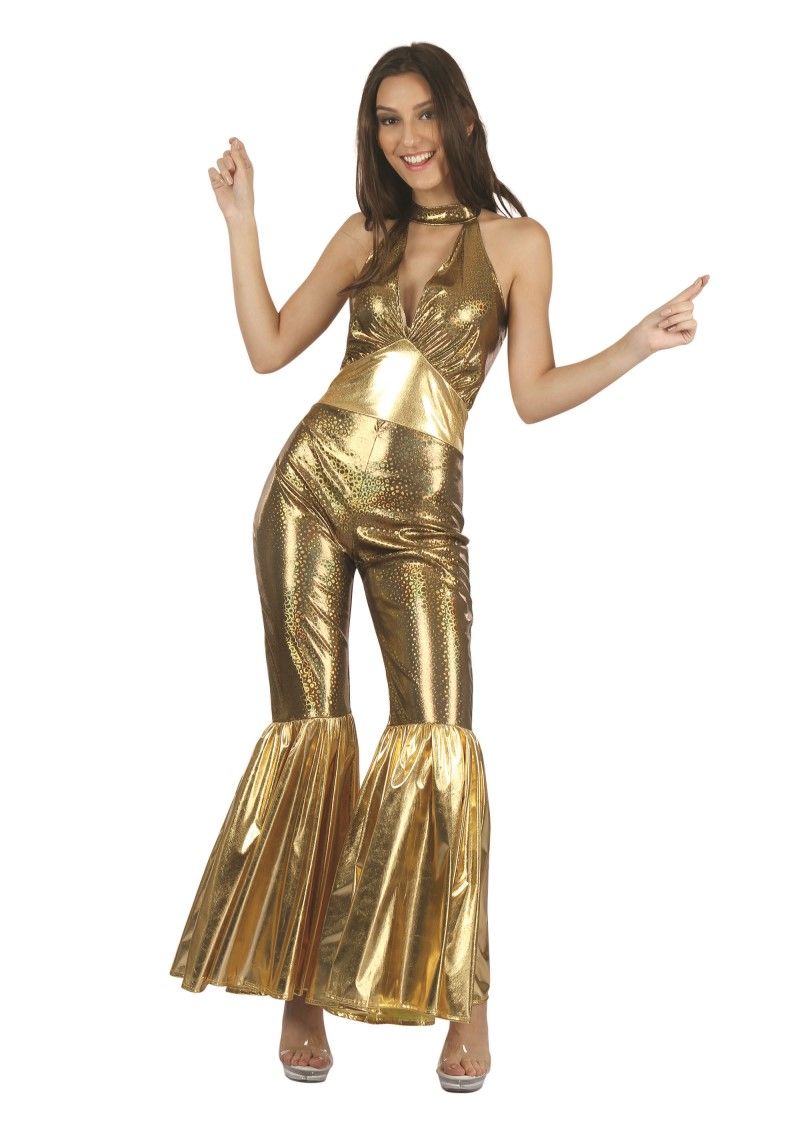 Disco Jumpsuit Costume Gold 70s Fancy Dress Outfit-AF089
