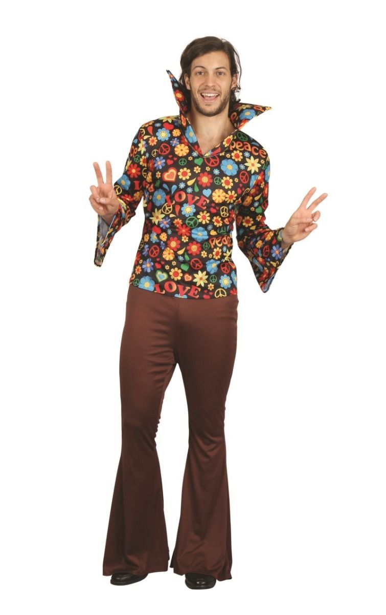 Hippy Man Costume Mens Brown 60s Fancy Dress Outfit-AF093
