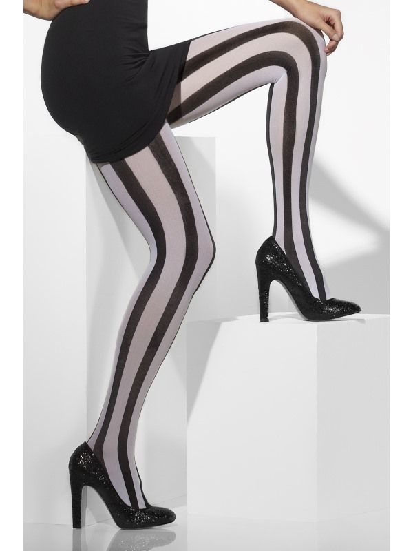 Ladies Costume Tights Vertical Striped Black And White 24549 