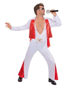 Elvis Presley wearing a white and red jumpsuit with attached cape. Ready for stage in specifically the 1970s era.