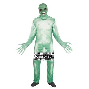 Adults Green Alien Prober Fancy Dress Costume with Mask Gloves and Novelty Pump