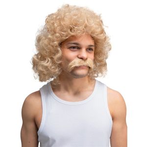 Mens Blonde Perm Wig and Tash