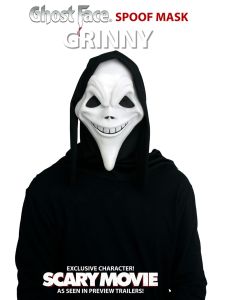 Official Scary Movie 6 Grinny Ghost Face spoof mask with sinister white grinning face and attached black shroud