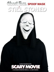 Official Scary Movie 6 Still Stoned Ghost Face spoof mask with white face and attached black shroud