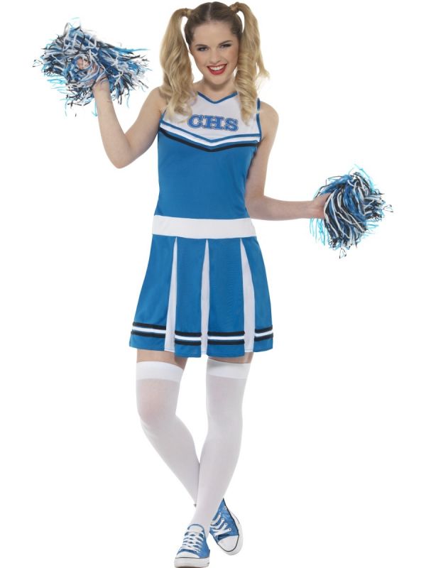 Ladies White and Blue Cheerleader Fancy Dress Costume-47123