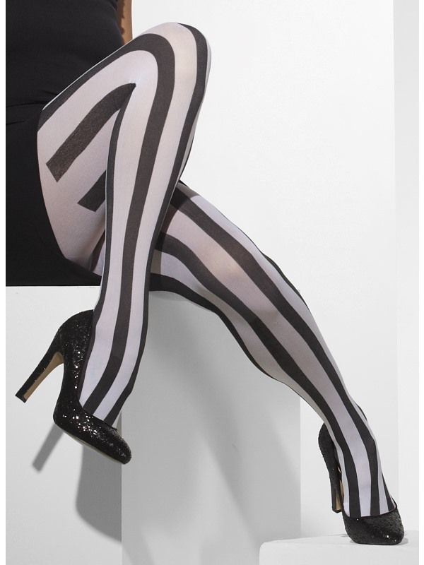 Ladies Costume Tights Vertical Striped Black And White-24549